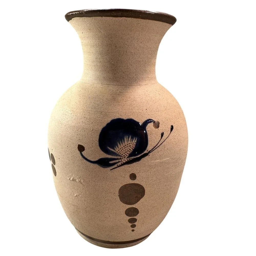 Mexican Folk Art Floral Vase Bird Sandstone Vintage Pottery Handcrafted Painted